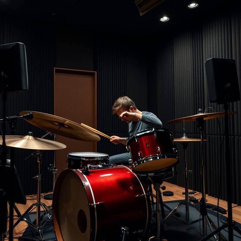 Foto de um baterista tocando em uma bateria acústica em nossa sala de gravação isolada.