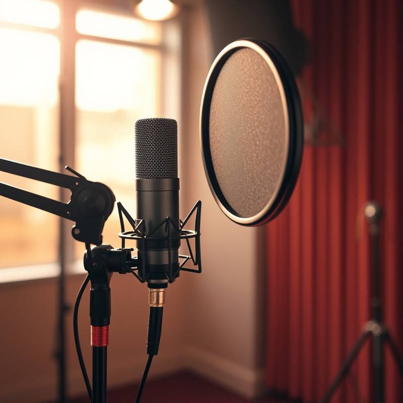 Imagem de um microfone Neumann em frente a um filtro anti-pop, pronto para gravação vocal.